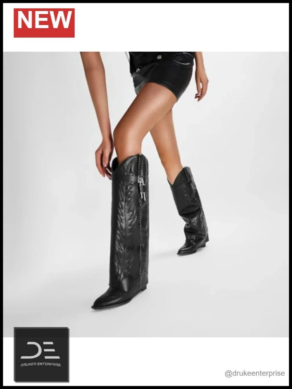 Fold Over Knee High Wedge Boots Embroidered Western Cowboy Denim Pointed Toe